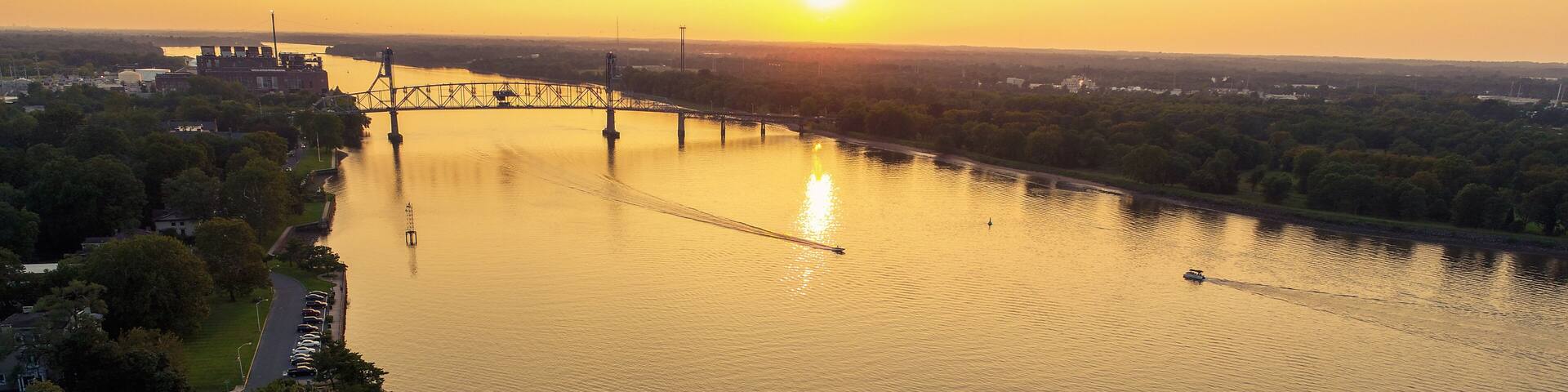 Burlington New Jersey Riverfront Park and Burlington Bristol Bridge at Sunset Aerial