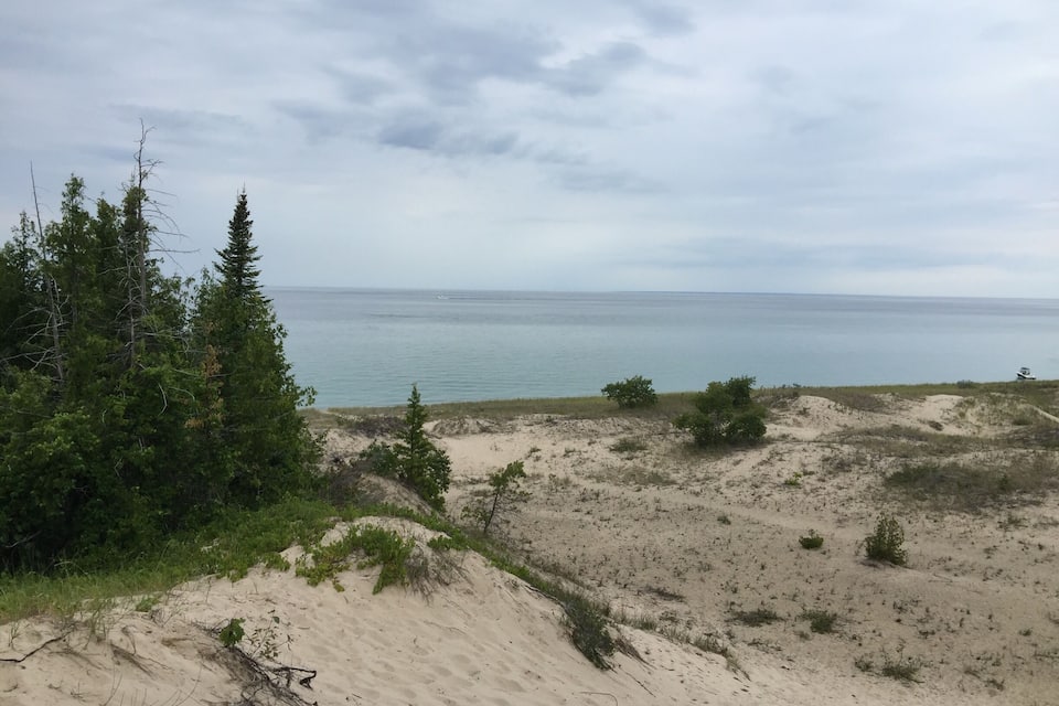 Paesaggio costiero con dune sabbiose, vegetazione rada e un mare calmo sotto un cielo nuvoloso.