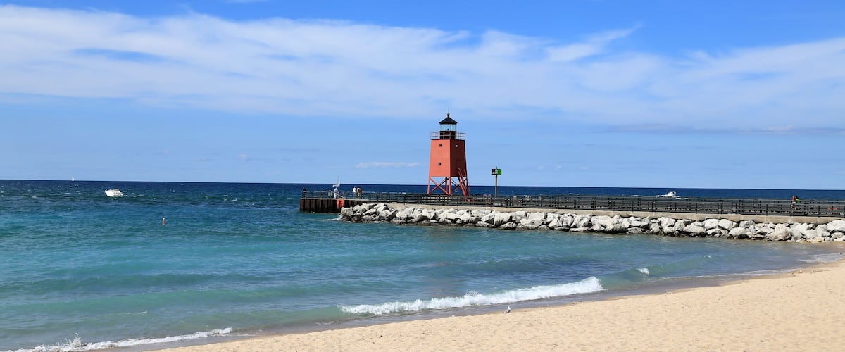 Charlevoix South Pier Light and beach in Northern Michigan