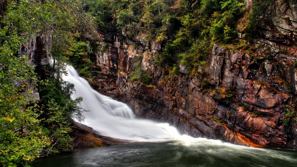 A waterfall cascading down a rocky cliff surrounded by dense forest.