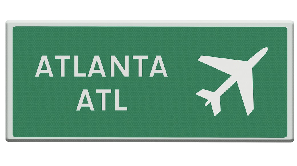 Digital composition. .Road sign for Atlanta Hartsford ATL airport. .PNG file.