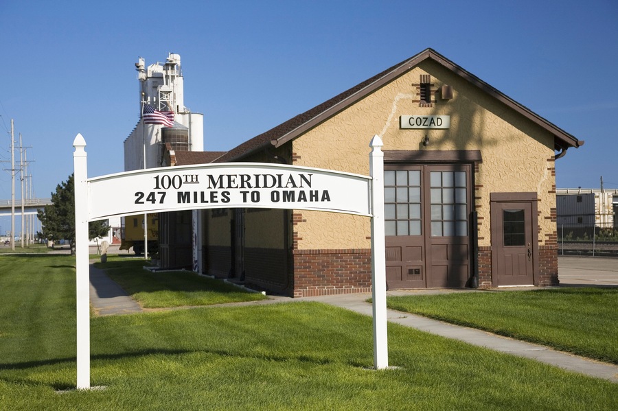 Old train station in Cozad, the 100th Meridian, along Old Lincoln Highway, Cozad, Nebraska, US 30