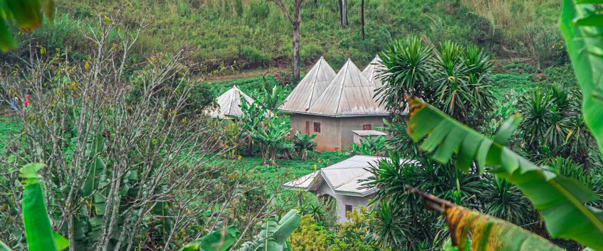 A rural village with traditional houses surrounded by lush greenery and hills.