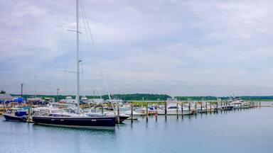 Panoramic seascape with moored boats and yachts under dramatic clouds in the summer. Post Covid-19 Summer at West Island Marina in Fairhaven, Massachusetts. Luxurious Lifestyle Image with Text Space.