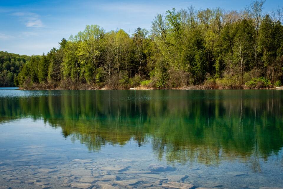 A calm lake with clear reflections of trees and a forested shoreline.