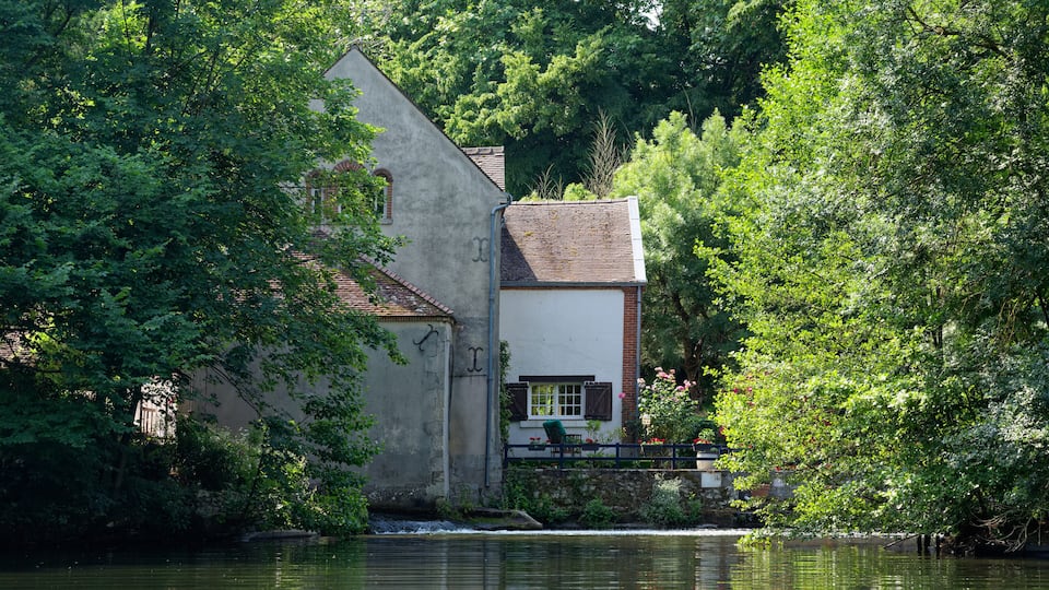 A riverside building surrounded by lush greenery.