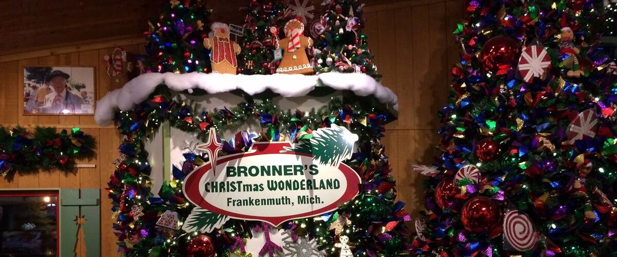 A large wreath and Christmas tree greets customers in the entryway to Bronner's Christmas Wonderland, the largest Christmas store in the world.