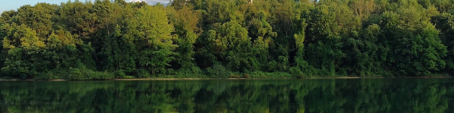 Ruhiger See, der Himmel und dichter Wald sich darin spiegeln.
