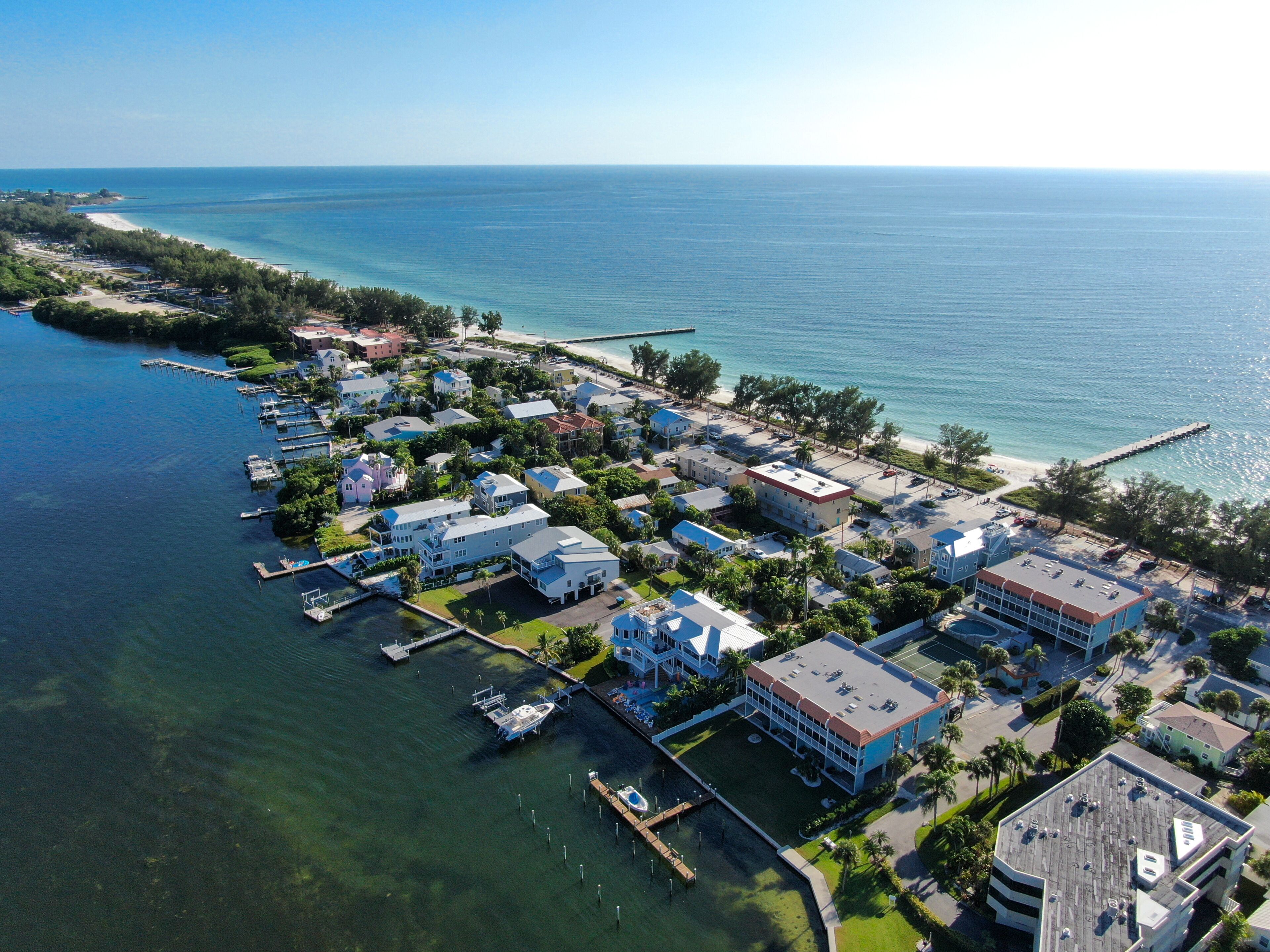 Aerial view of Anna Maria Island town and beaches, barrier island on Florida Gulf Coast. Manatee County. USA