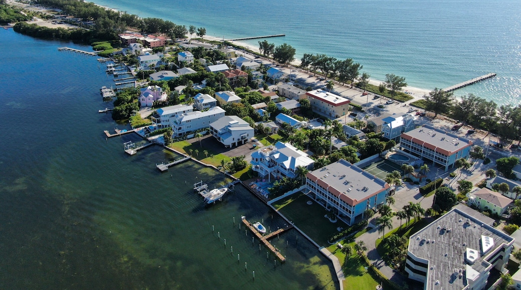 Aerial view of Anna Maria Island town and beaches, barrier island on Florida Gulf Coast. Manatee County. USA