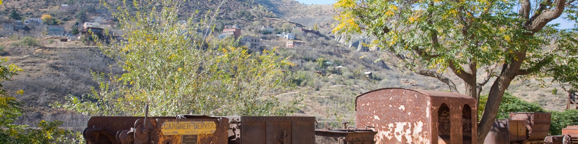 Un tren oxidado con vagones de freno, una montaña al fondo y un árbol con hojas amarillas.