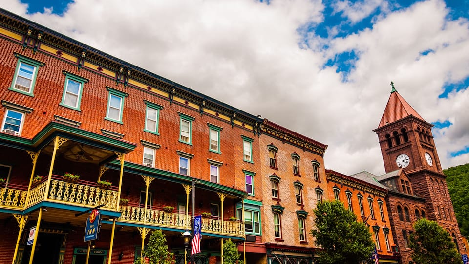 The Inn and Carbon County Courthouse Clocktower, on Broadway in Jim Thorpe, Pennsylvania