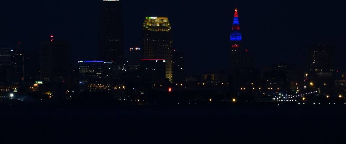 The lights of downtown Cleveland as seen from Lakewood Park.