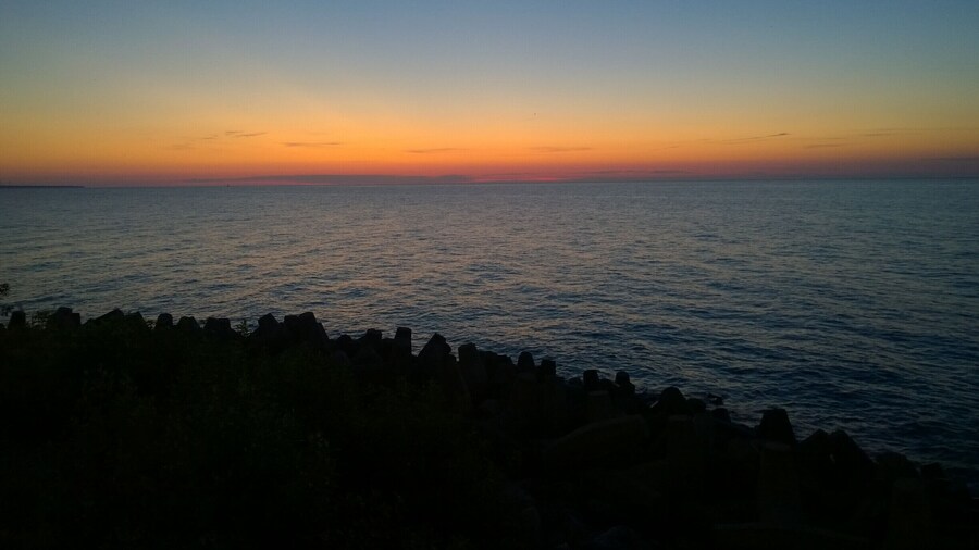 The view looking out over Lake Erie just after sunset from Lakewood Park.