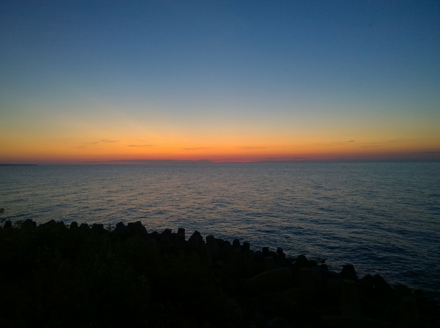 The view looking out over Lake Erie just after sunset from Lakewood Park.