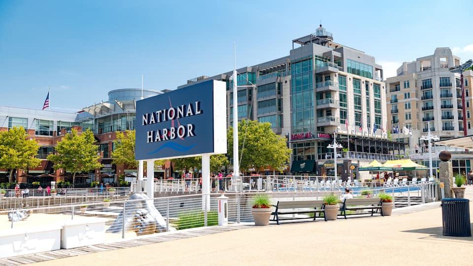 A National Harbor sign, waterfront promenade, benches, potted plants, and modern buildings.