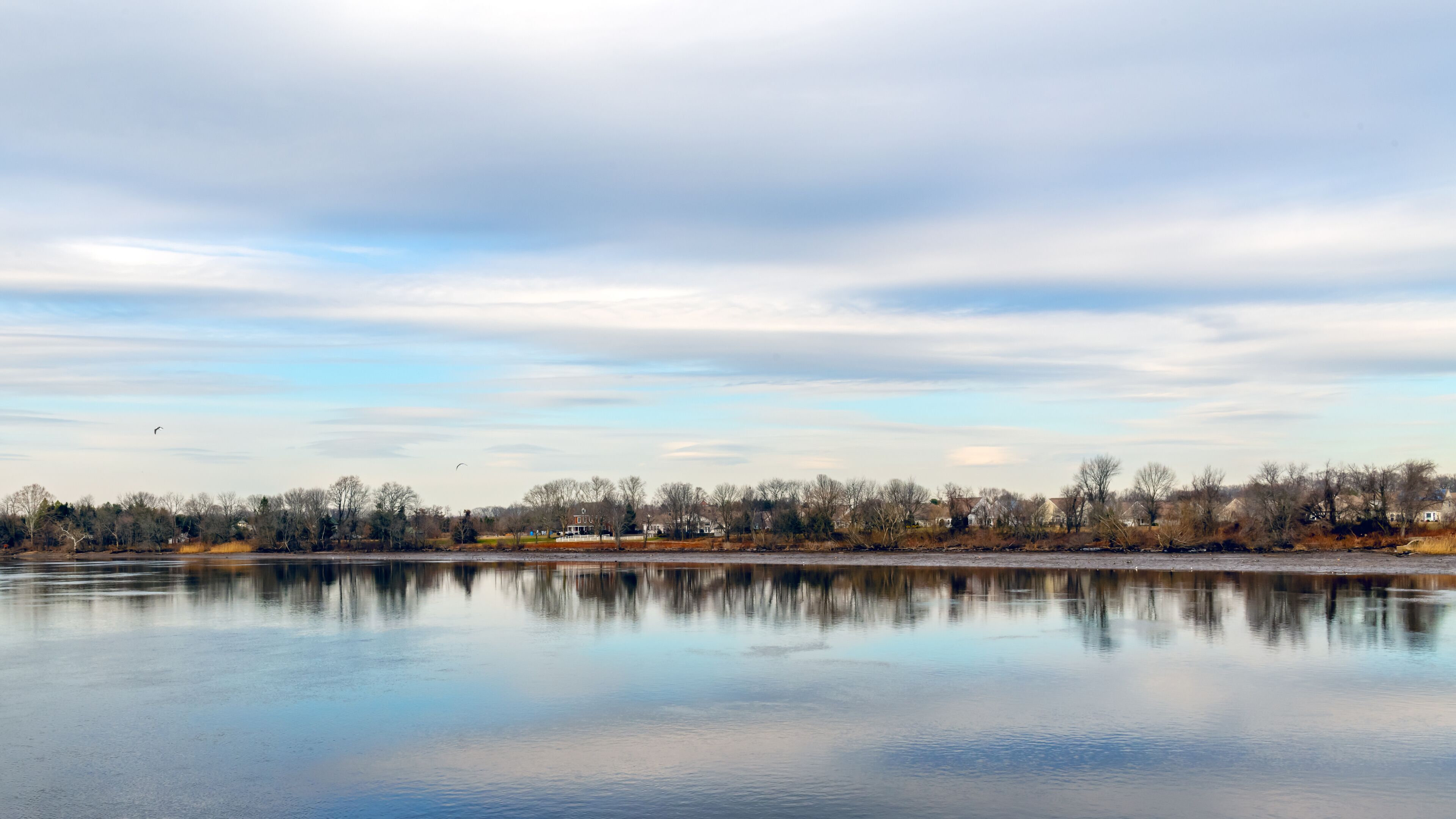 A calm lake reflecting the sky and trees, with houses along the shore.