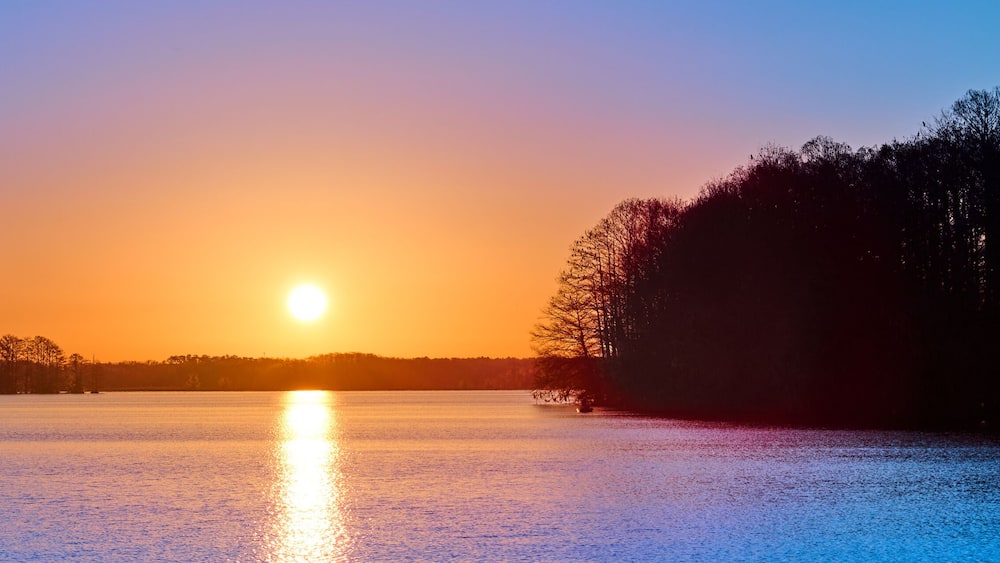 A sunset over a calm lake with trees silhouetted against the sky.