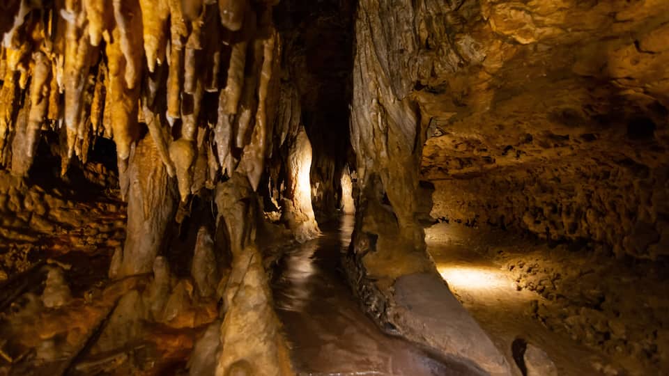 A cave with stalactites and a narrow passageway.