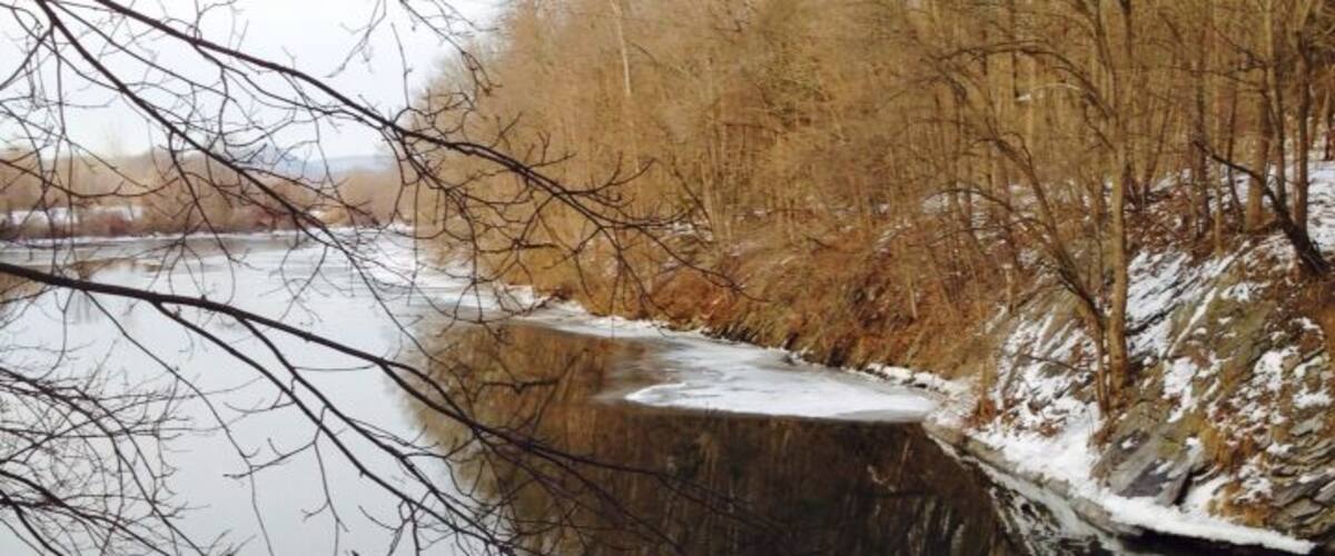 A calm river with reflections of trees and a snow-covered bank.