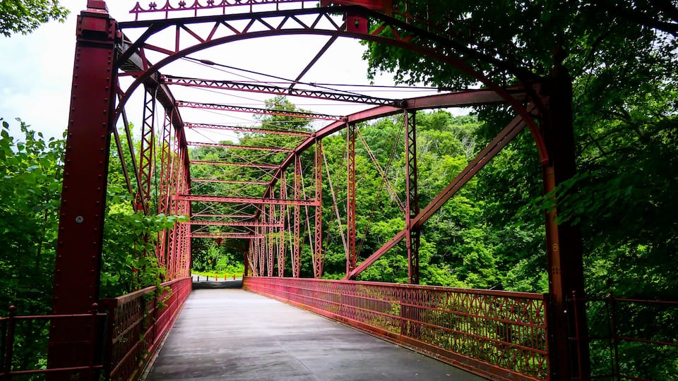 New Milford, Connecticut, USA Lover's Leap State Park on the Housatonic River and the Lover's Leap Bridge.