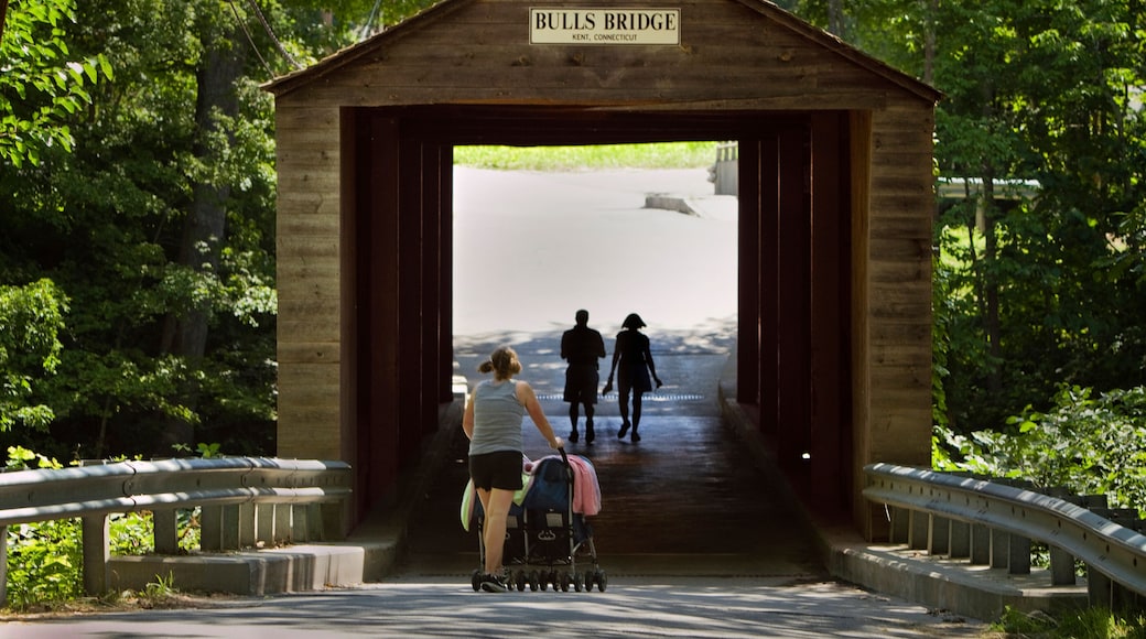 Visitors at a covered bridge in New England.