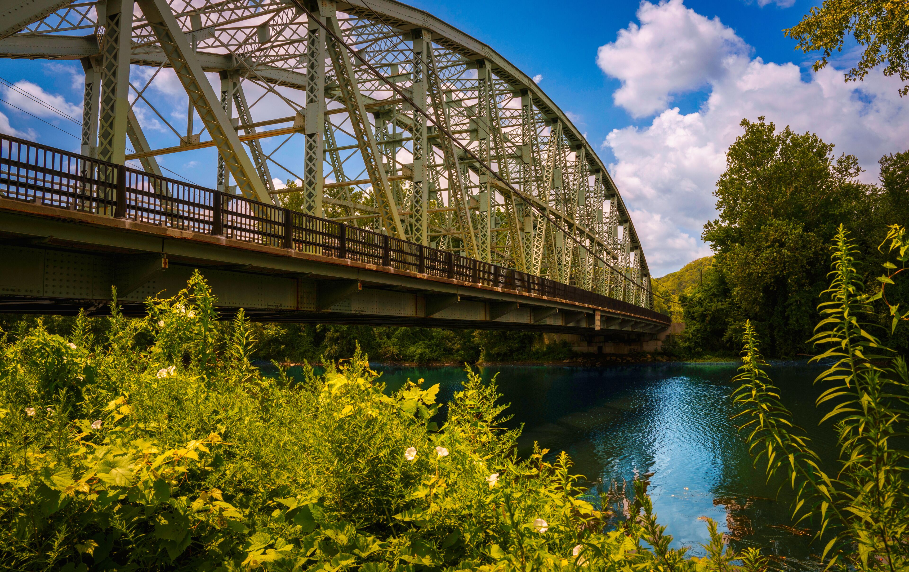 Rustic Landmark Bridge Street Bridge, also known as the Veterans Memorial Bridge, built in 1953, spanning the Housatonic River in New Milford, Connecticut