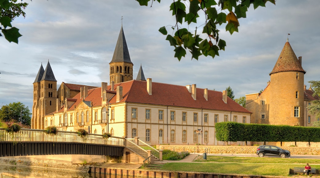 France, Saône-et-Loire (71), Paray-le-Monial, la basilique du Sacré-Coeur du XIIe siècle et les bâtiments conventuels vus des rives de la Bourbince