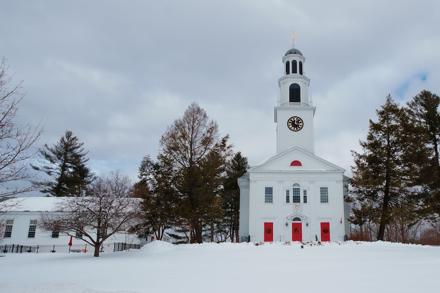 Winter scenery of First Parish Northboro Unitarian Universlist MA USA
