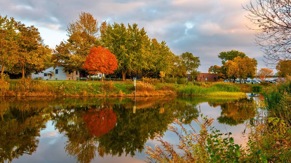 A calm lake with reflections of trees and houses, surrounded by autumn foliage.