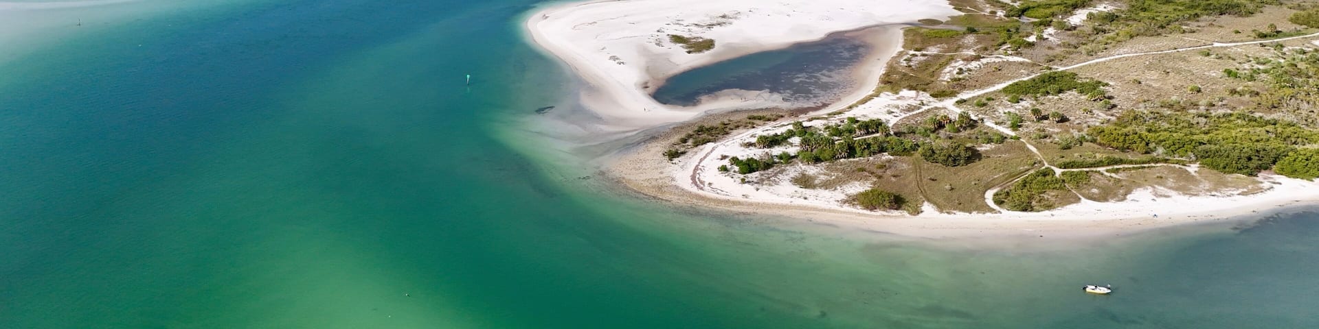 A drone view of Hurricane Pass between Honeymoon Island State Park and Caladesi Island
