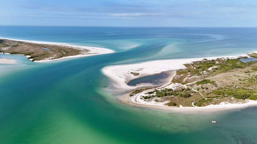 A drone view of Hurricane Pass between Honeymoon Island State Park and Caladesi Island