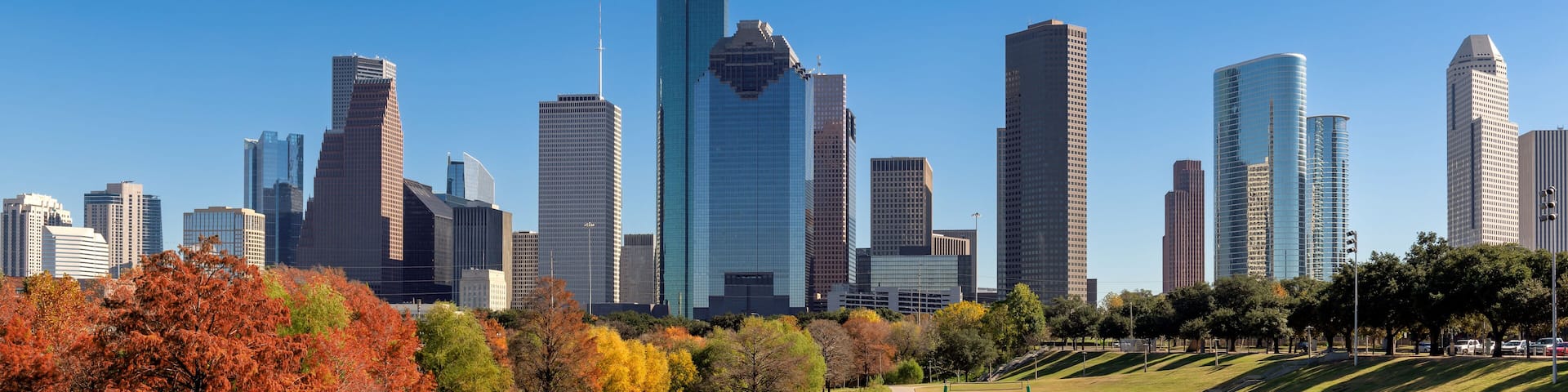 Panoramic view of Houston cityscape at sunny autumn day in Houston, Texas, USA.