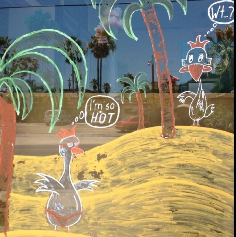 Window decoration at Shana's Good Eats. It's not every day you see a chicken in a thong. Perhaps that's a good thing!