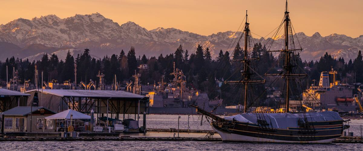 Sunset featuring the Lady Washington docked at the Port Orchard, WA marina
