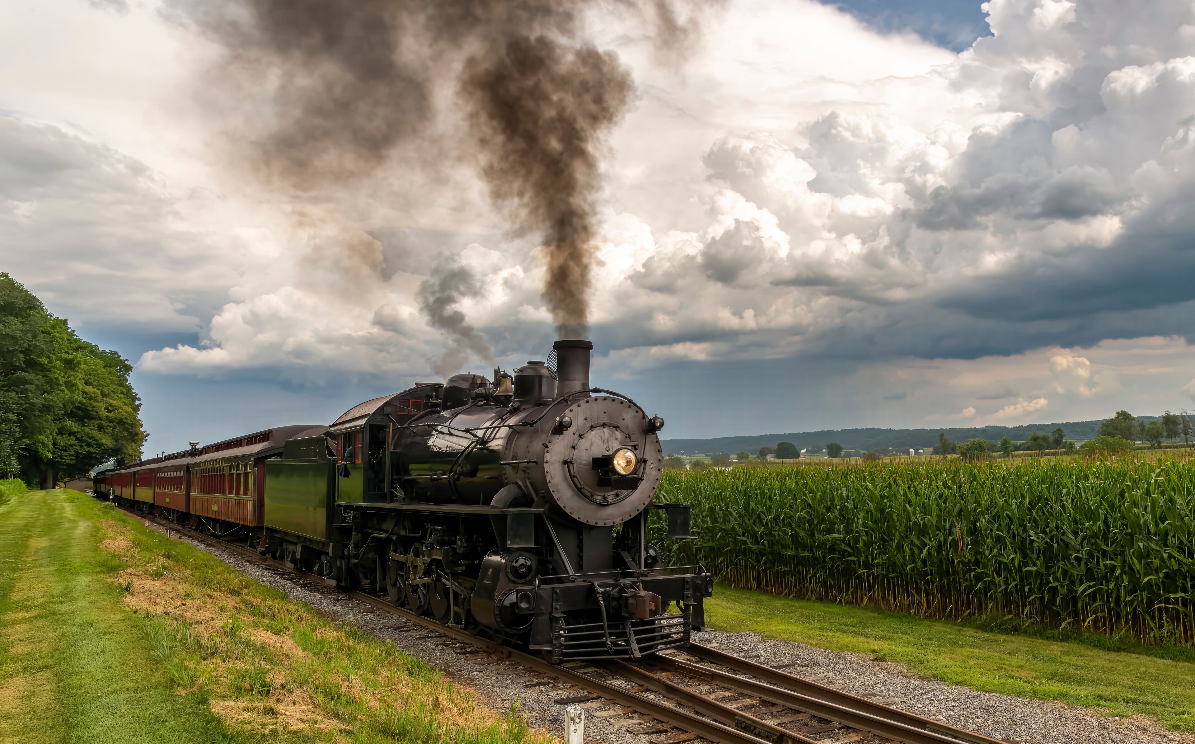 A steam locomotive with cargo cars, emitting smoke, traveling through a rural landscape with a cornfield and a line of trees.