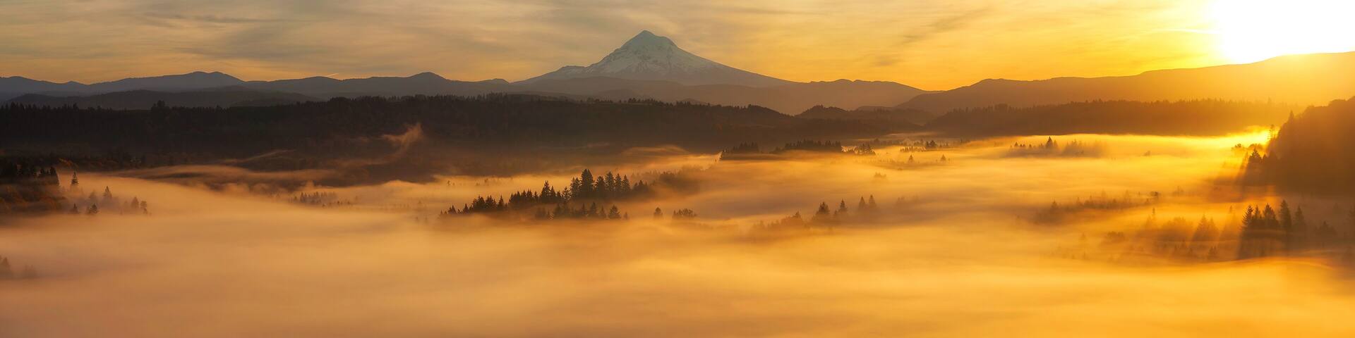 A mountain range with a prominent peak, surrounded by forested areas and a blanket of fog.