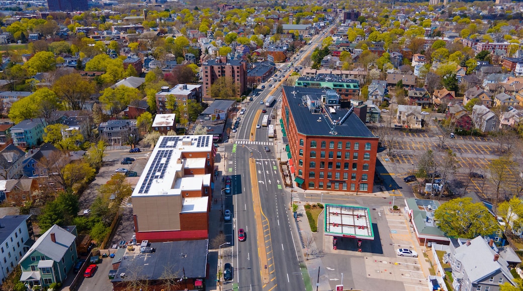 Porter Square aerial view on Massachusetts Avenue at Somerville Avenue in spring in city of Cambridge, Massachusetts MA, USA.