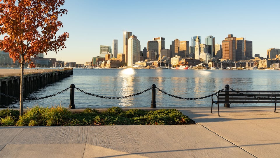 View Across Boston Harbor to the Boat Traffic fronting the Downtown City Skyline