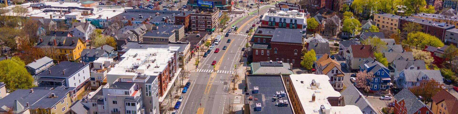 Porter Square aerial view on Massachusetts Avenue at Somerville Avenue in spring in city of Cambridge, Massachusetts MA, USA.