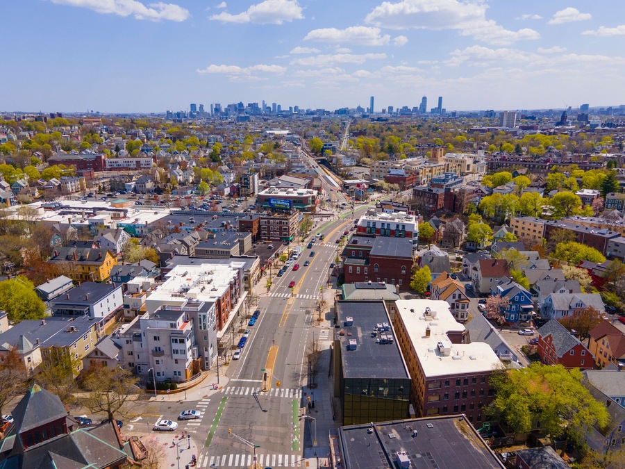 Porter Square aerial view on Massachusetts Avenue at Somerville Avenue in spring in city of Cambridge, Massachusetts MA, USA.