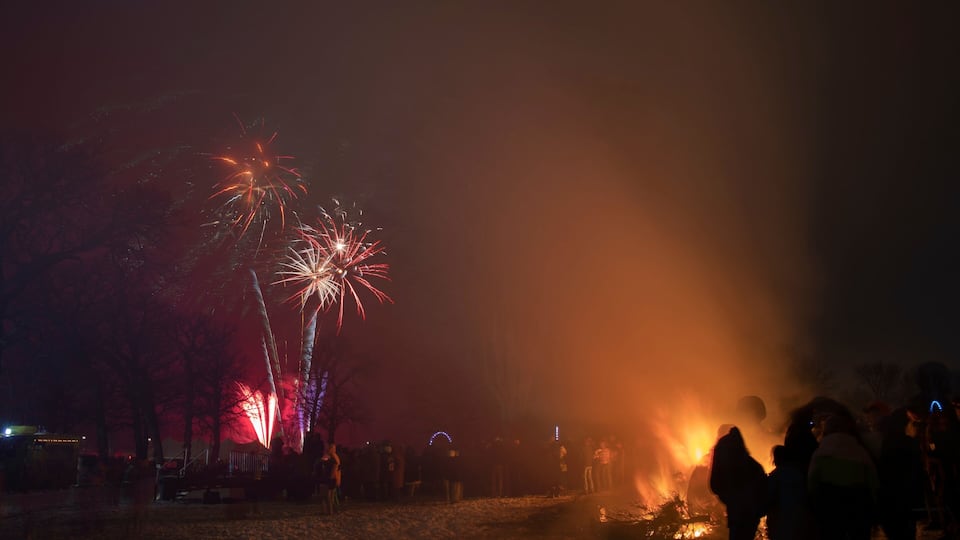 A nighttime outdoor scene with fireworks and a crowd of people.