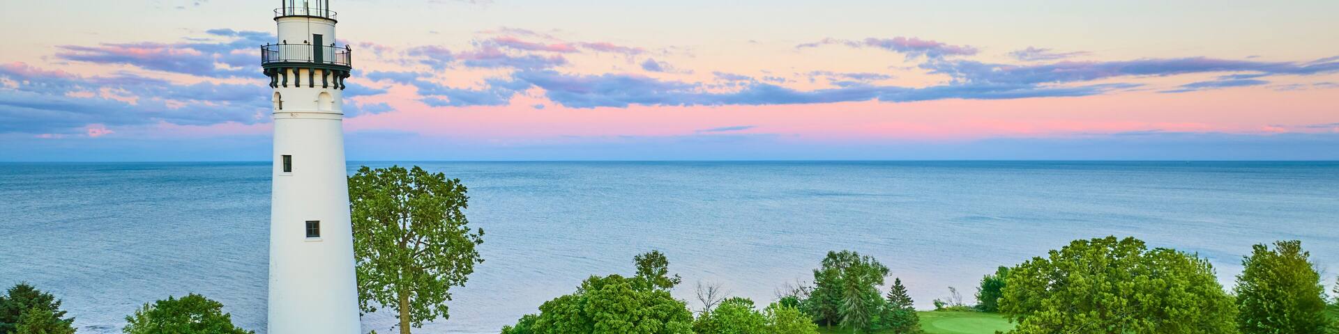 Aerial View of Wind Point Lighthouse at Sunset Over Lake Michigan