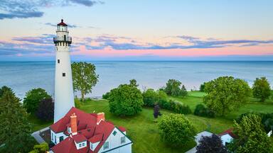 Aerial View of Wind Point Lighthouse at Sunset Over Lake Michigan