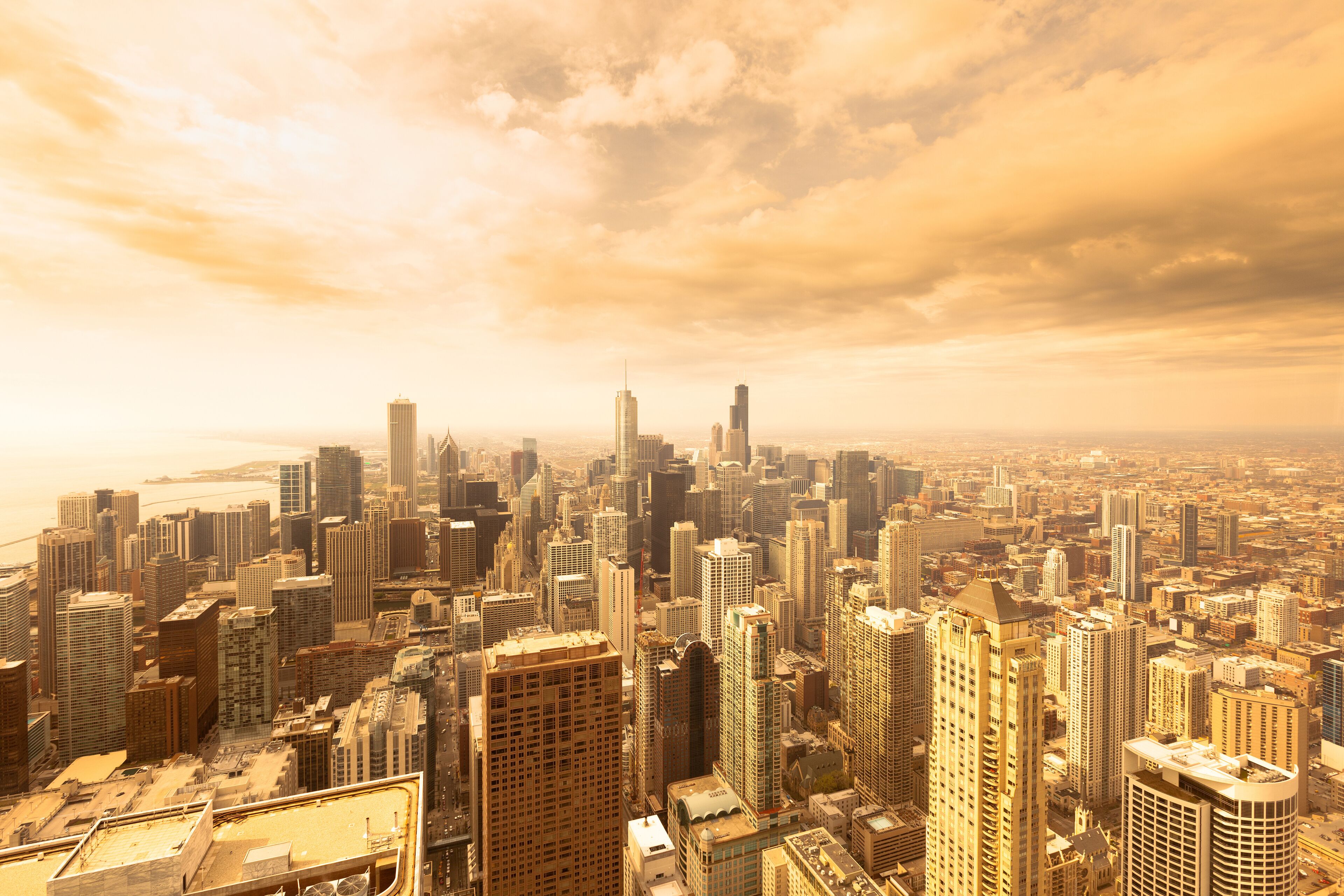Elevated view of the skyline of downtown Chicago, Illinois, USA