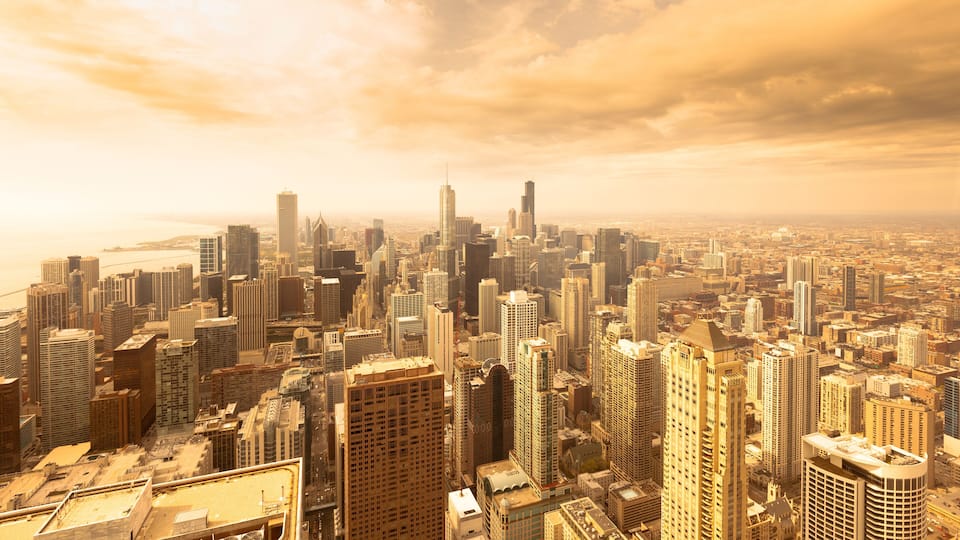 Elevated view of the skyline of downtown Chicago, Illinois, USA