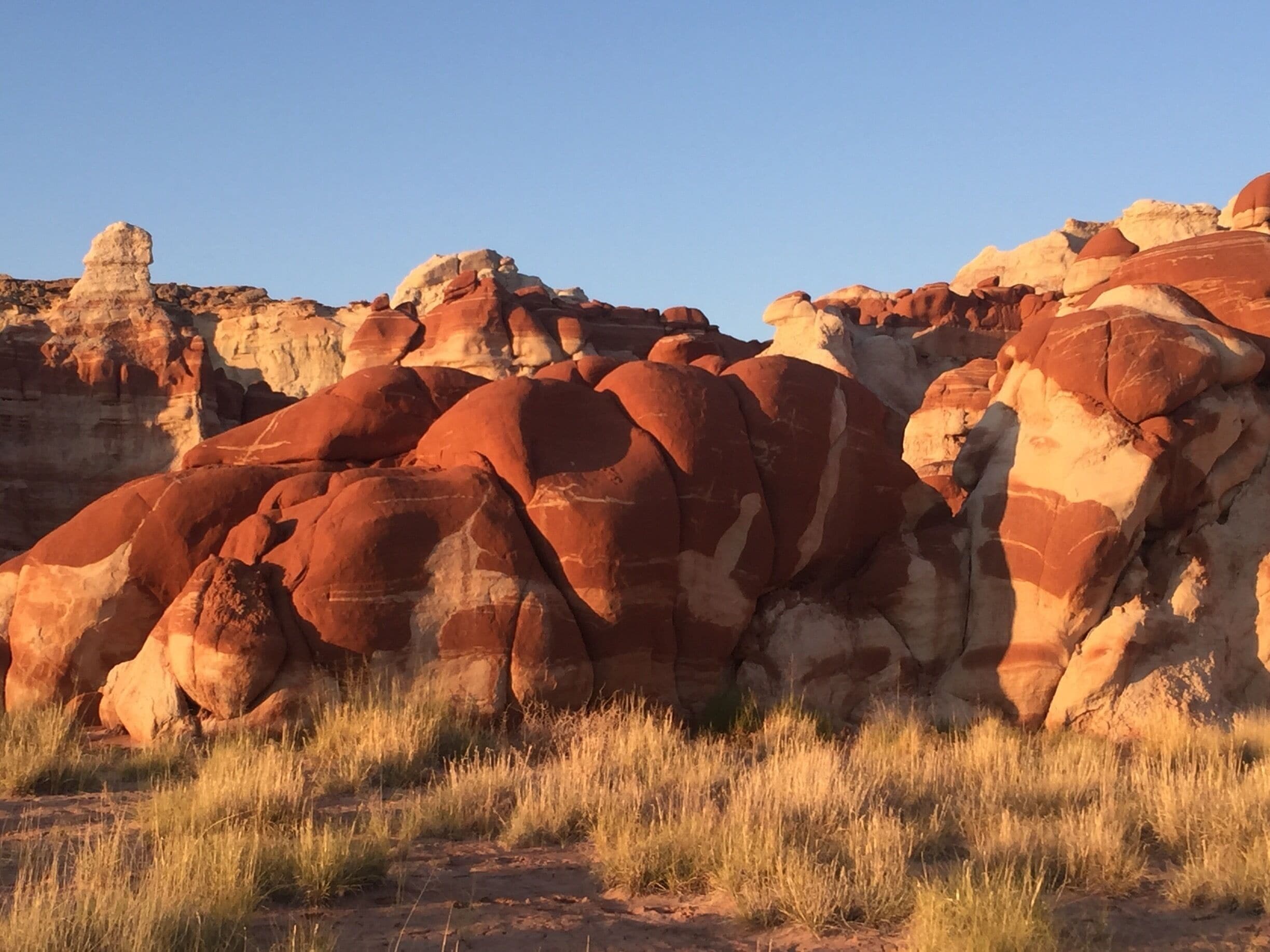 A desert landscape with large red rock formations and sparse grass.