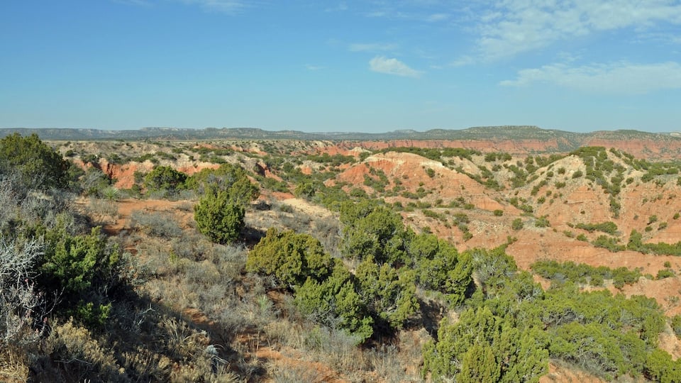 A rugged mountainous landscape with dense green vegetation and reddish-brown rock formations.