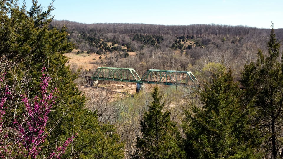 A green metal bridge in a forested area with a backdrop of hills.