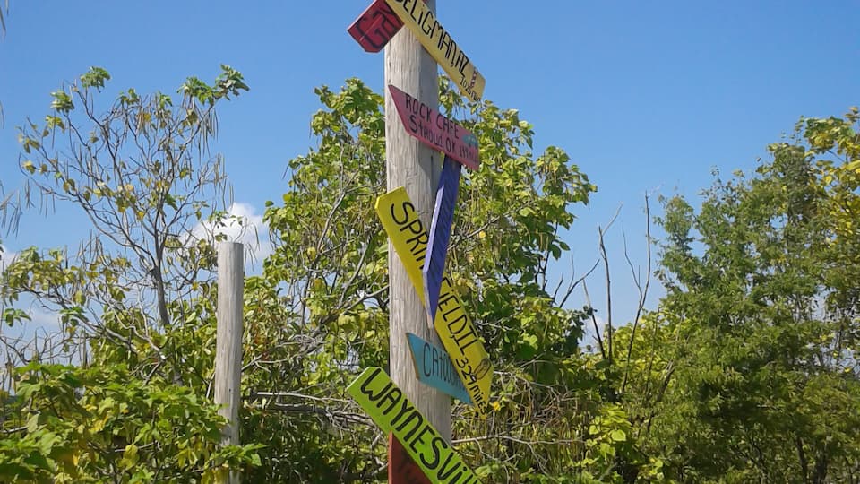 A wooden signpost with multiple directional signs, including a prominent '66' sign at the top.